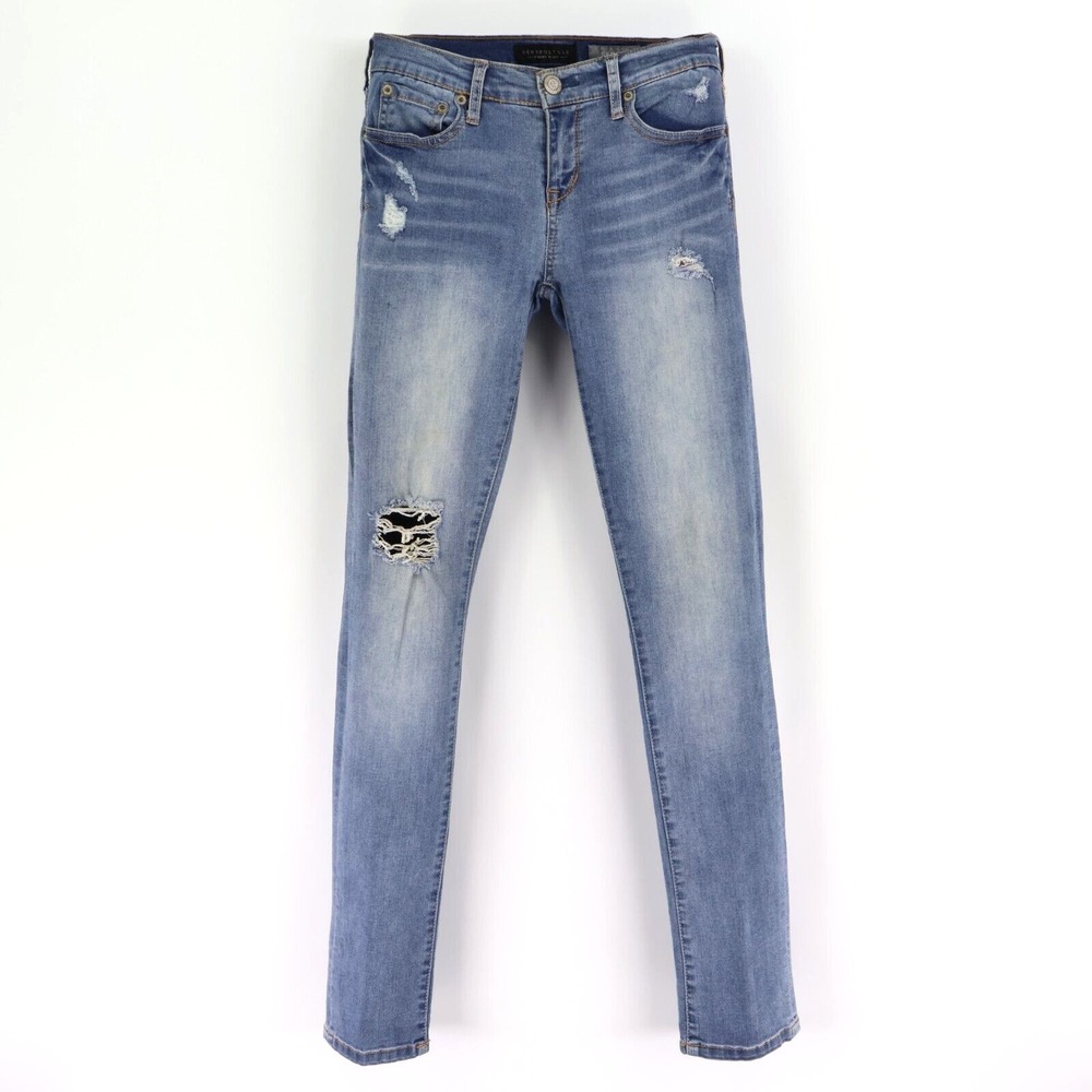 Aeropostale Skinny Jeans Distressed Stretch Low Rise Womens 2 Light Blue Denim